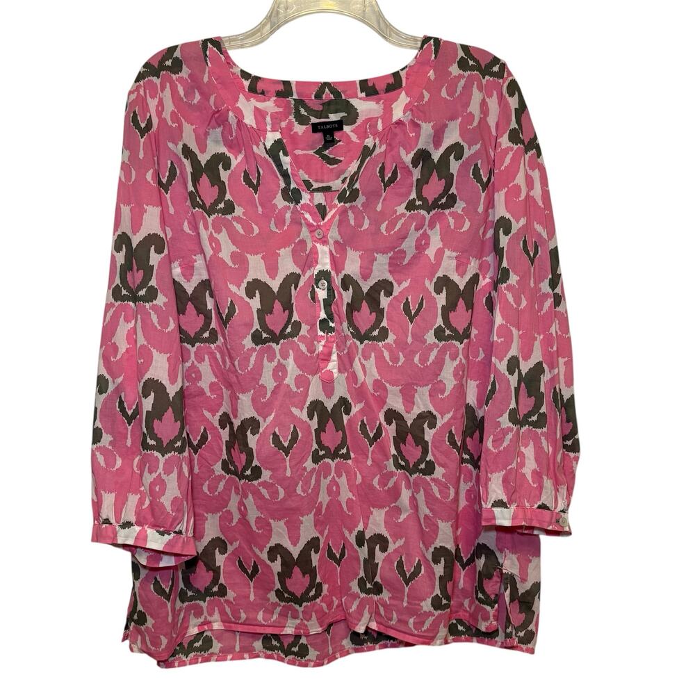 Talbots Blouse Womens XL Pink Green Popover Ikat Cotton Lightweight 3/4 Sleeve